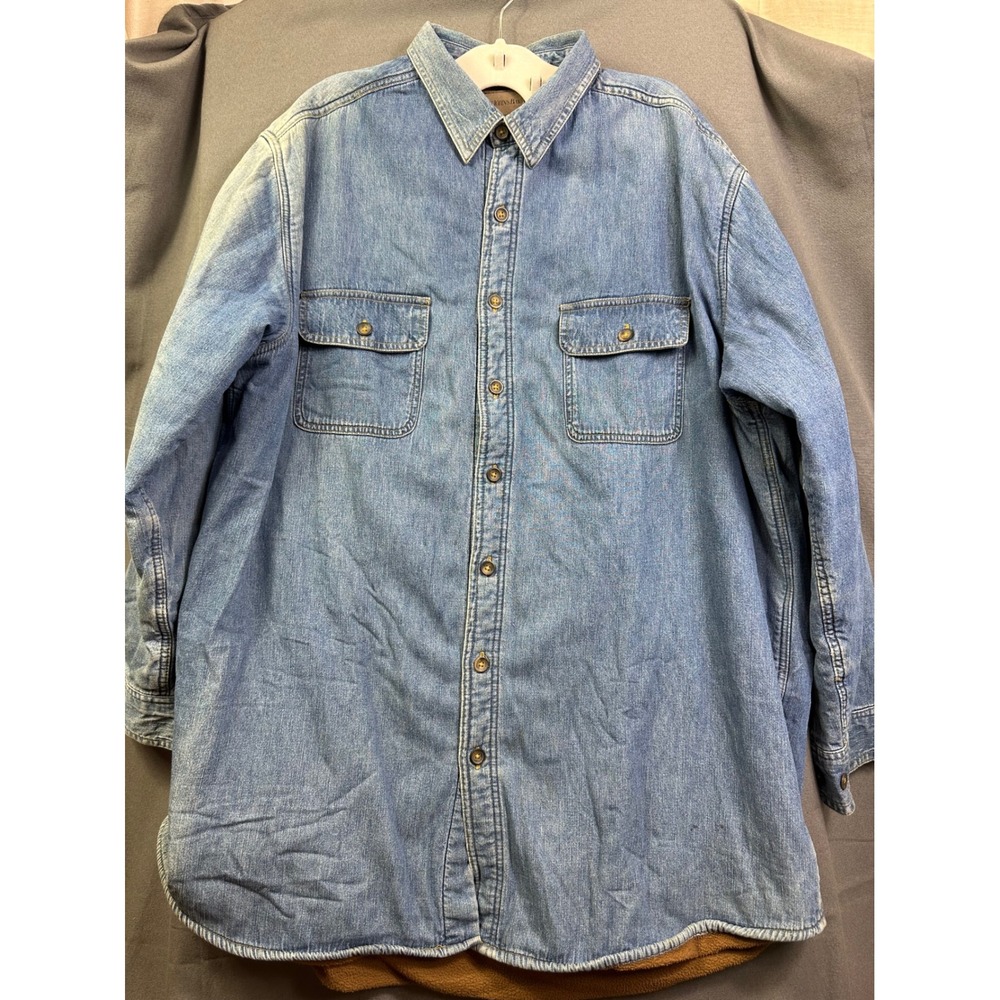 St Johns Bay Men Fleece Lined Denim Shirt Jacket Blue Medium Wash XL Long Sleeve